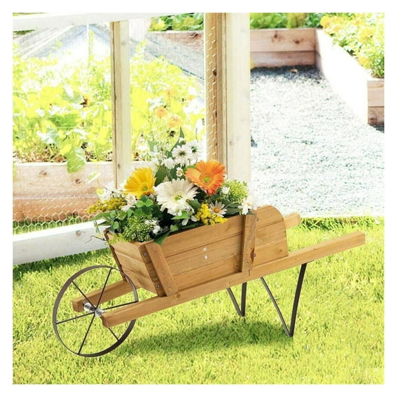 Wooden Wagon Planter with Magnetic Accessories - Garden Decor, 27.5" Wheelbarrow Flower Pot, Rustic Pine Wood Plant Container for Yard, Porch, Indoor/Outdoor Use