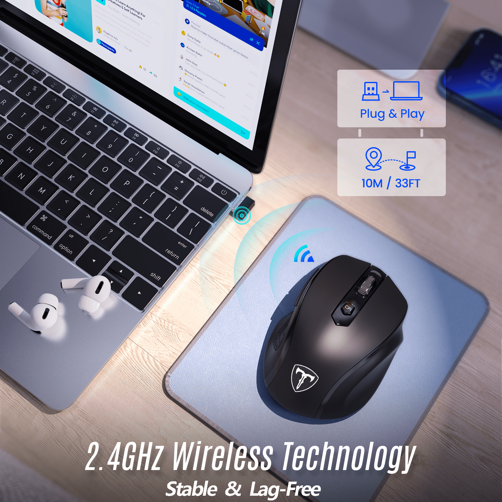 VicTsing 2.4G Wireless Computer Mouse USB Cordless Mice for Laptop, Ergo Grips, 800-2400 DPI, 16 Months Battery, Auto-sleep Mode, Portable Computer Mouse for PC Mac Chromebook, 6 Button - Black
