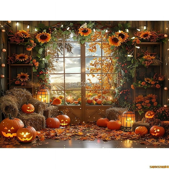 Autumnal Pumpkins Farm Photography Backdrops Props Hallowe Fall Field Maple Leaf Scarecrow Fce Photo Studio Background FM-0