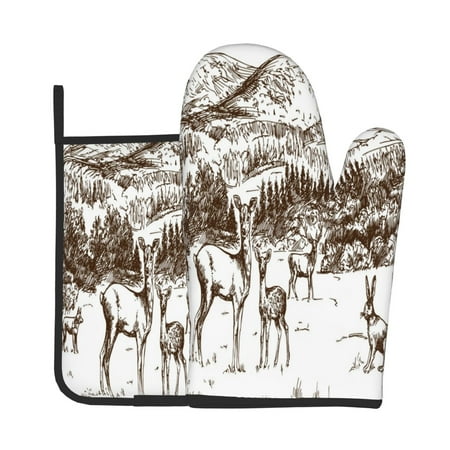 

Zeuib Woodland Forest With Deers Print Oven Mitt & Pot Holder Set 2-Pack Kitchen Gloves and Hot Pads for Cooking BBQ Grilling Baking