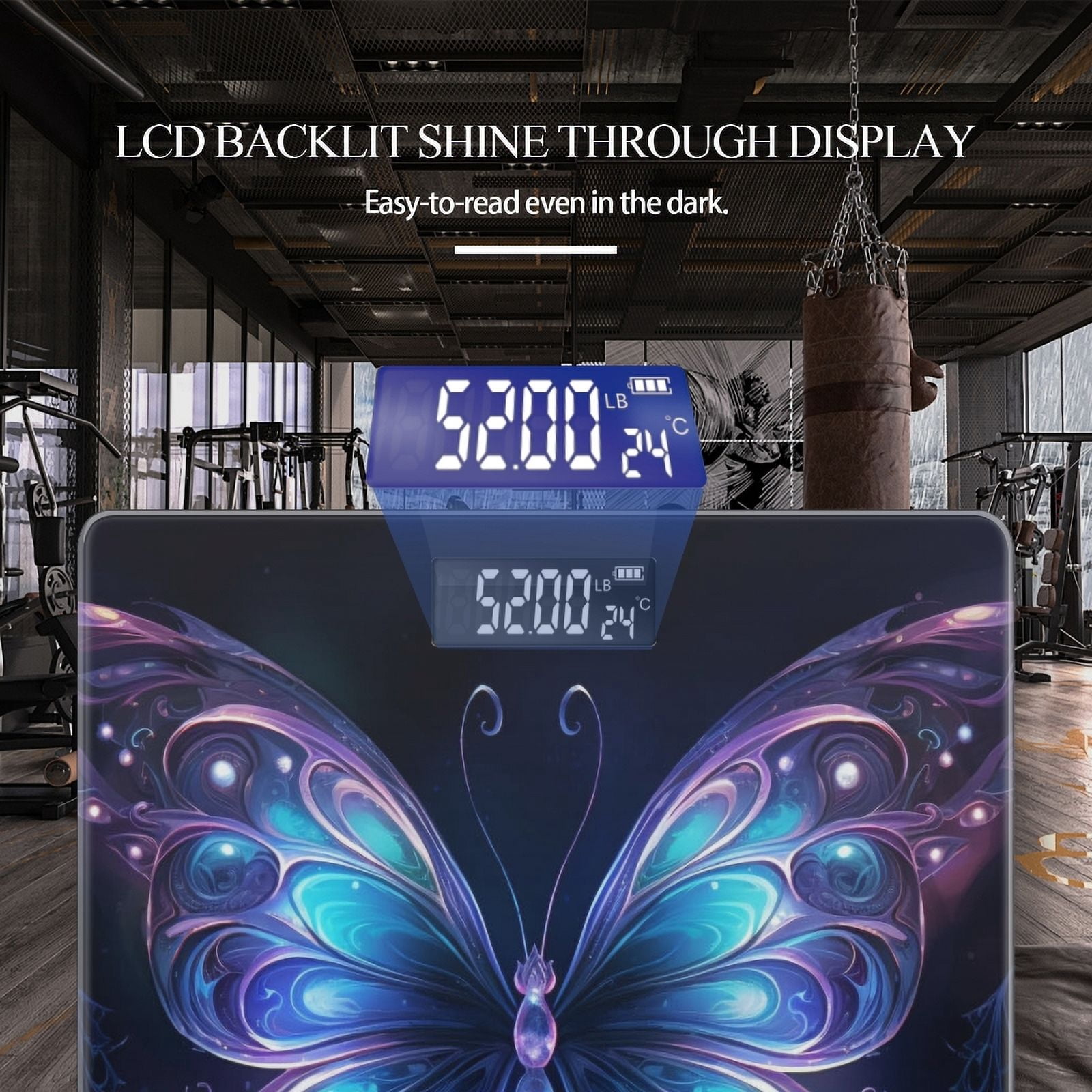 Bathroom Scale, Highly Accurate Digital Body Scale,Precisely Measures Weight up to 400 lbs-Beautiful Glowing Blue And Purple Butterfly With Ornate Wings