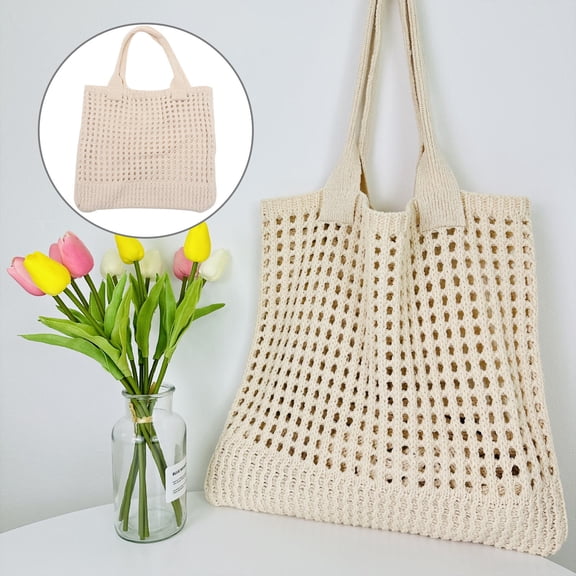 HONMEET Crochet Beach Bags Beige Polyester Tote Lightweight Handbag for Women Beach Party 1Set