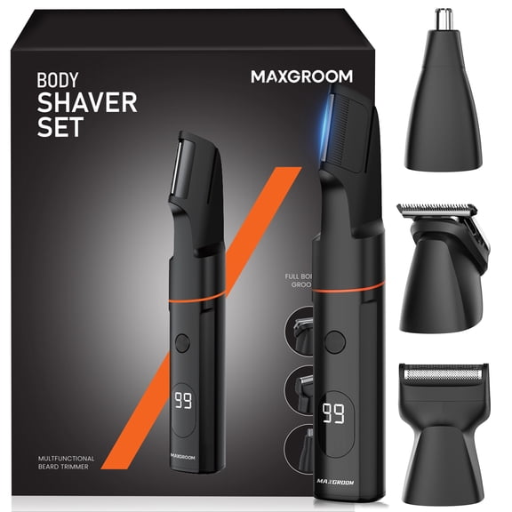 Manscape Body Hair Trimmer for Men, Waterproof Pubic, Groin & Ball Shaver, 4 in 1 V-Shaped No-Nick Mens Electric Grooming Kit with LED Display, USB Rechargeable, Adjustable Guide Comb