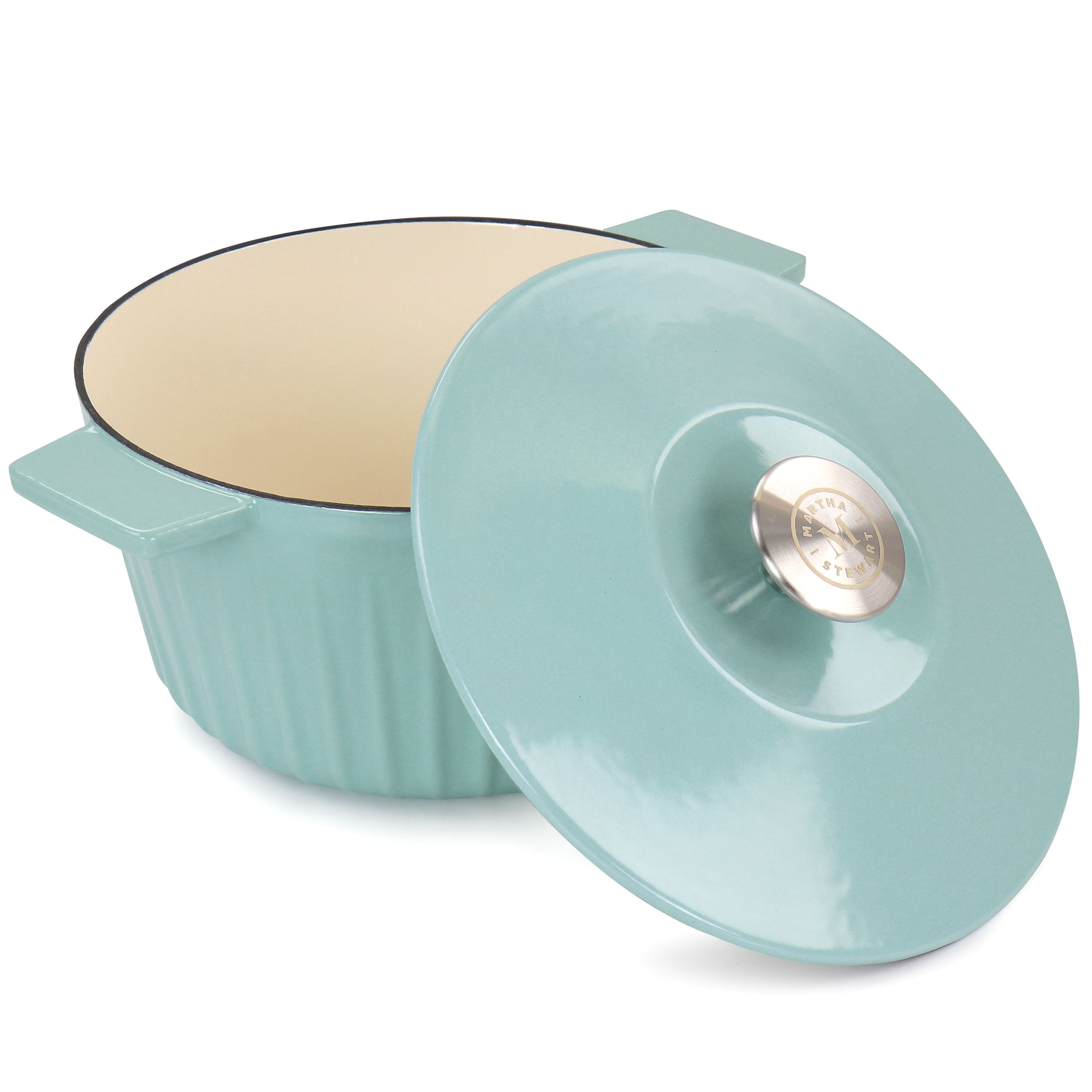 Martha Stewart Everyday Enameled Cast Iron 3 Quart Embossed Stripe Dutch Oven with Lid in Turquoise