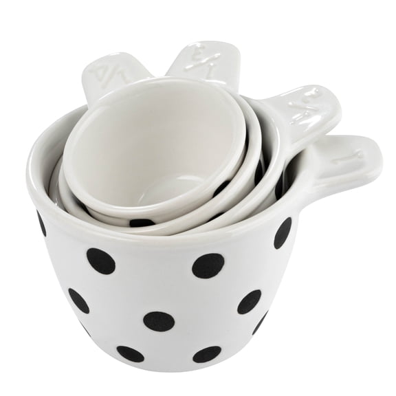 Creative Co-Op Ceramic Measuring Cups with Polka Dots, Set of 4 Sizes, Black and White