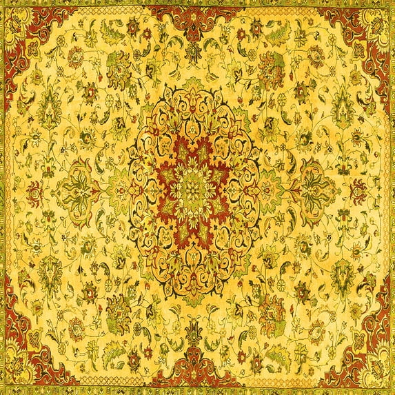 Ahgly Company Machine Washable Indoor Square Persian Yellow Traditional Area Rugs, 5' Square