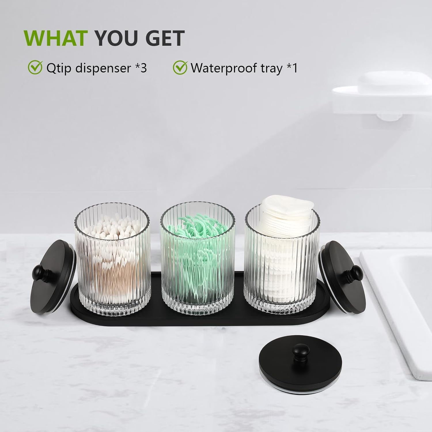 3 Pack Qtip Holder - Bathroom Organizers and Storage, Cotton Round Floss Pick Ball Swab with Tray, Glass Apothecary Jars Lids Container Set -sw clear b