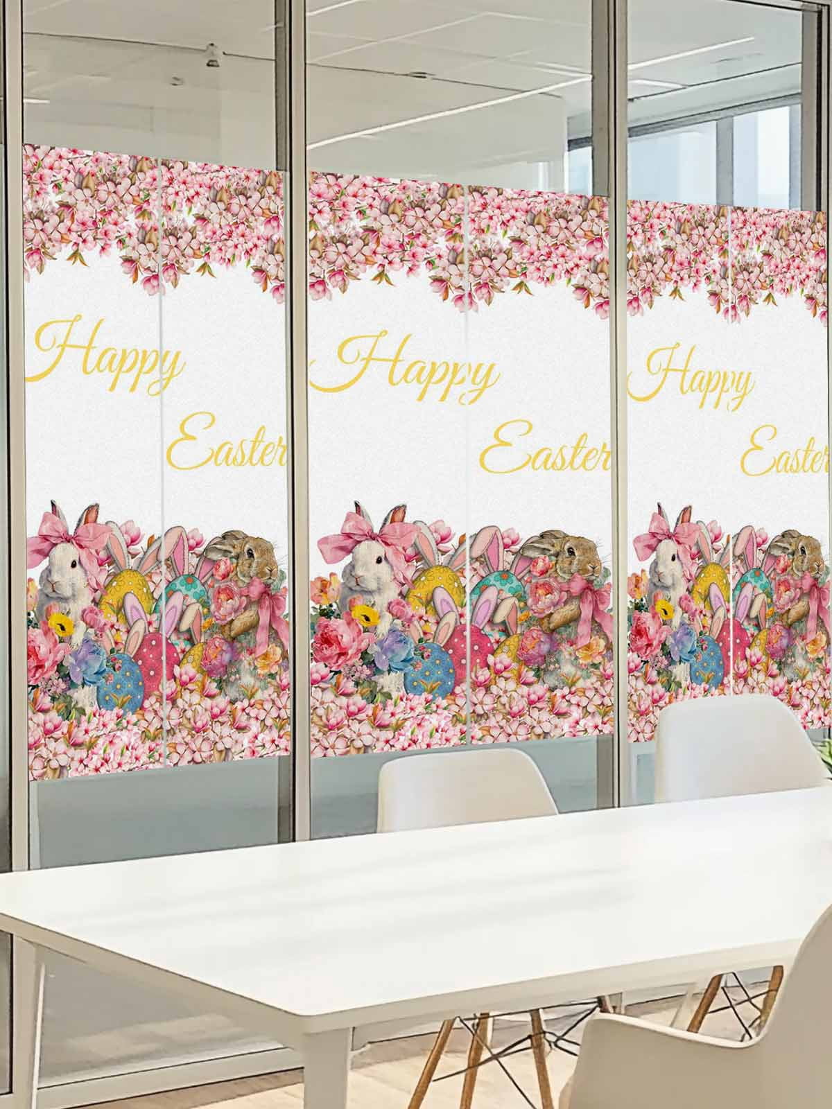Happy Easter Window Privacy Film, Spring Bowknot Rabbits Flowers Eggs Frosted Glass Window Clings Static Cling UV Heat Blocking Reusable Door Sticker for Bathroom 35.4 x 78.7 Inch