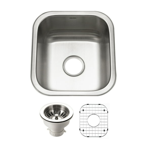 Houzer Club 17 in Stainless Steel Undermount 8 in Deep Single Square Bowl Bar Sink with Strainer and Grid - MS-1708-C