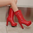 thumbnail image 6 of PiGOGI Women's Mid Calf Boots for Women Belt Buckle High Heel Waterproof Winter Casual Fashion Comfortable Boots Red 38, 6 of 6