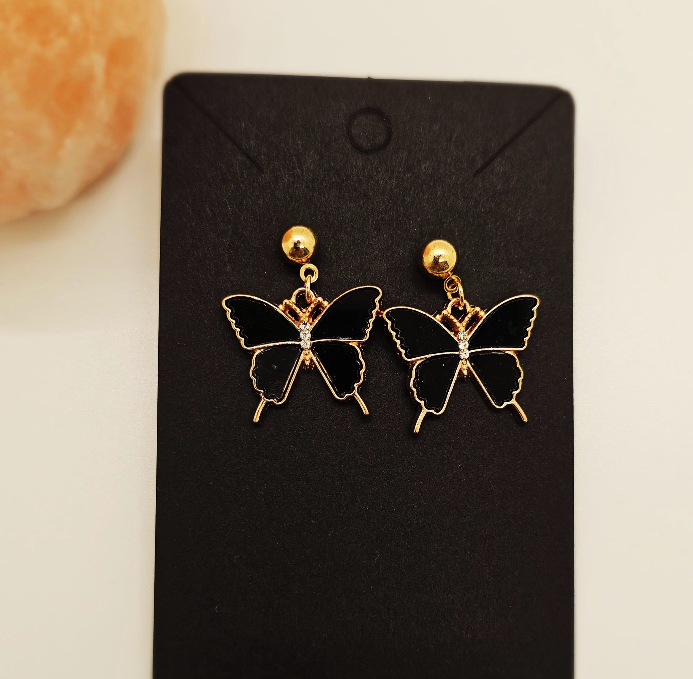 Black Enamel Butterfly Earrings, Gold Tone
