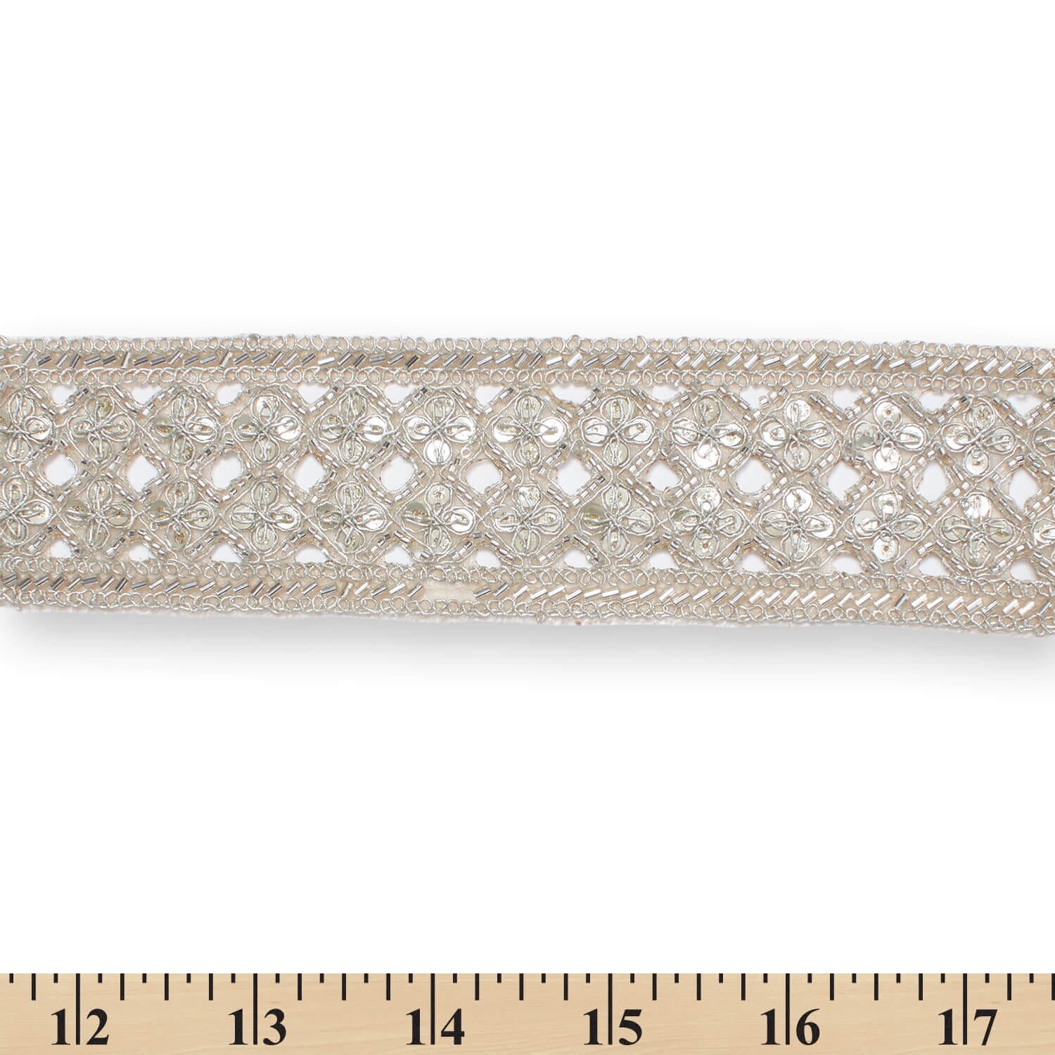 Beaded Lace Trim 2.5 in. Geometric Floral Sequin Corded Eyelet Polyester Sewing & Upholstery Mesh - Silver (1 Pack, 9.8 Yards)