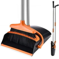 Broom and Dustpan Set with Long Handle, Windproof Stand Up Dustpan with Broom Combo, Indoor&Outdoor Sweeping (Gray&Orange)