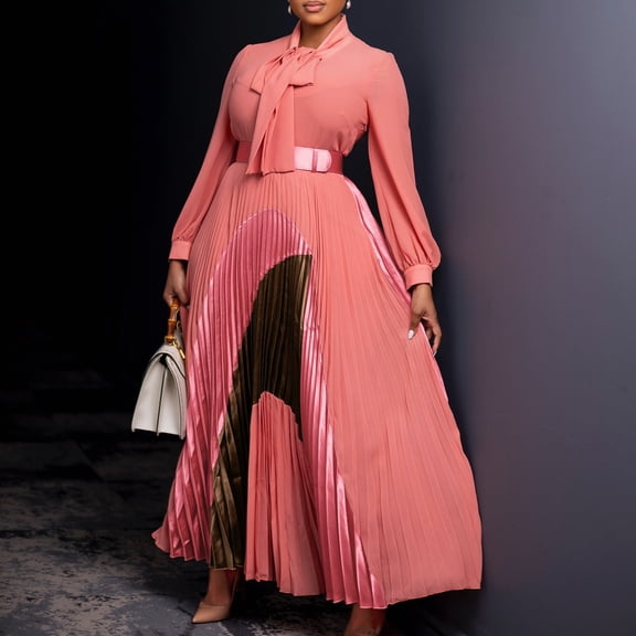 AURA Plus Size Maxi Dress Half Open Collar Lace Up Belted High Waist Pleated Long Sleeve Elegant Fall Dress