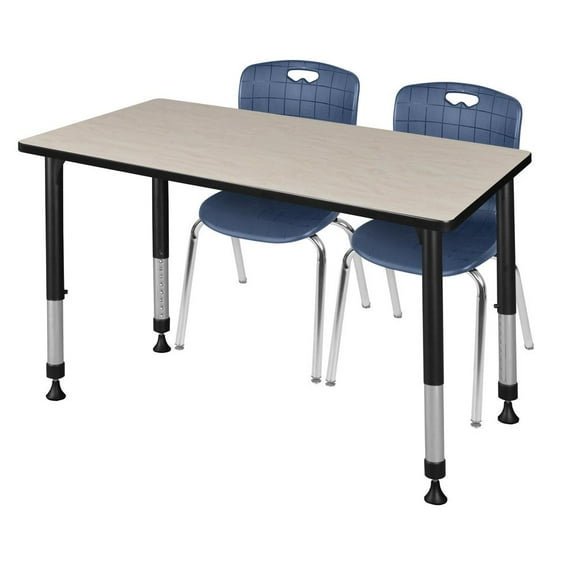 Regency Kee 48" x 30" Height Adjustable Classroom Table - Maple & 2 Andy 18-in Stack Chairs- Navy Blue