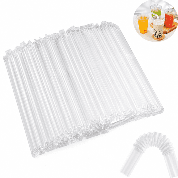 RAIRSKY 100Pcs Individually Wrapped Jumbo Straws,Extra Wide Flexible Boba Smoothie Straws,Disposable Plastic Drinking Straws for Bubble Tea,Milkshakes,Tapioca Pearls,9" L X 0.4" D,Clear,Bendy