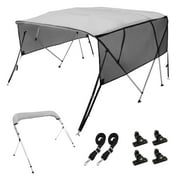 KFFKFF 4 Bow Bimini Boat Canopy, Removable Mesh Walls, 600D Fabric Shade, 1 Aluminum Frame, with Storage Case, Two Straps, Support Rods, 8ft Length x 54in Height x 91-96in Width, Light Grey