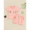 thumbnail image 5 of Aojekbee Baby Girl 2Pcs Summer Outfits Short Sleeve Letter Embroidery Tops + Elastic Waist Shorts Set Infant Clothes, 5 of 10
