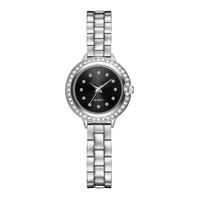 Reloj de pulsera con correa de acero para mujer y niña, de aleación, de cuarzo, a la moda (negro con plateado)
