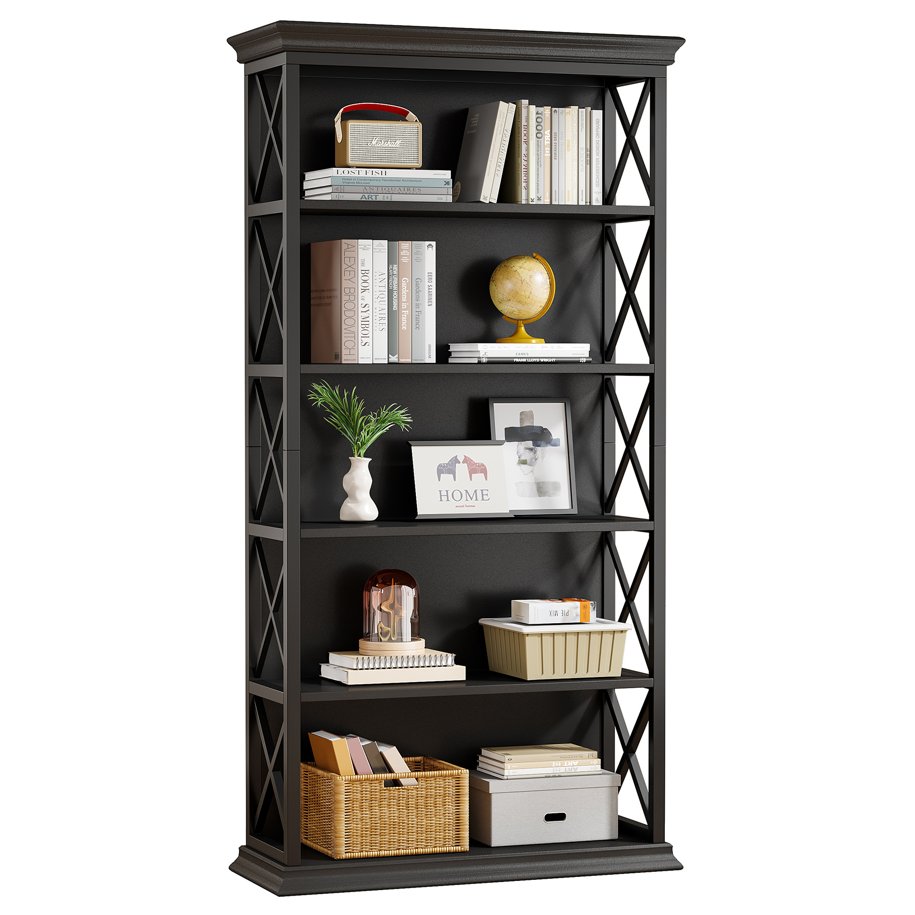 Fnova 71" 5-Tier Tall Bookshelf, Industrial Wood Bookcase with Metal Frame, Floor Standing Display Storage Shelves for Home Office, Living Room, Bedroom