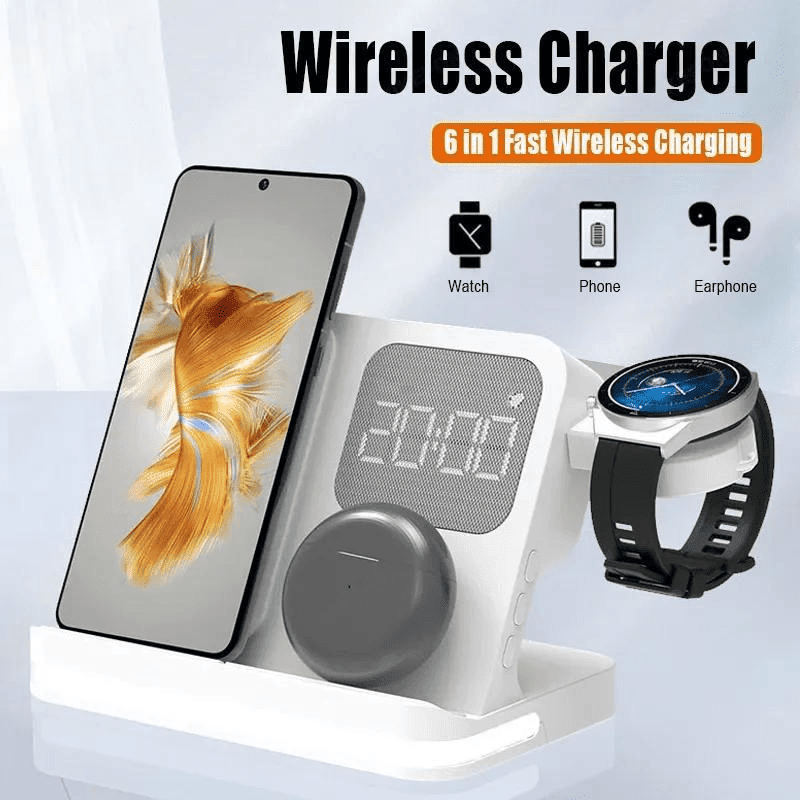 Fast Wireless Charger Stand with Loud Alarm Clock & Adjustable Night Light,MultiโDevice Charging Dock for iPhone,iWatch,AirPods,Samsung Phones and Earphones