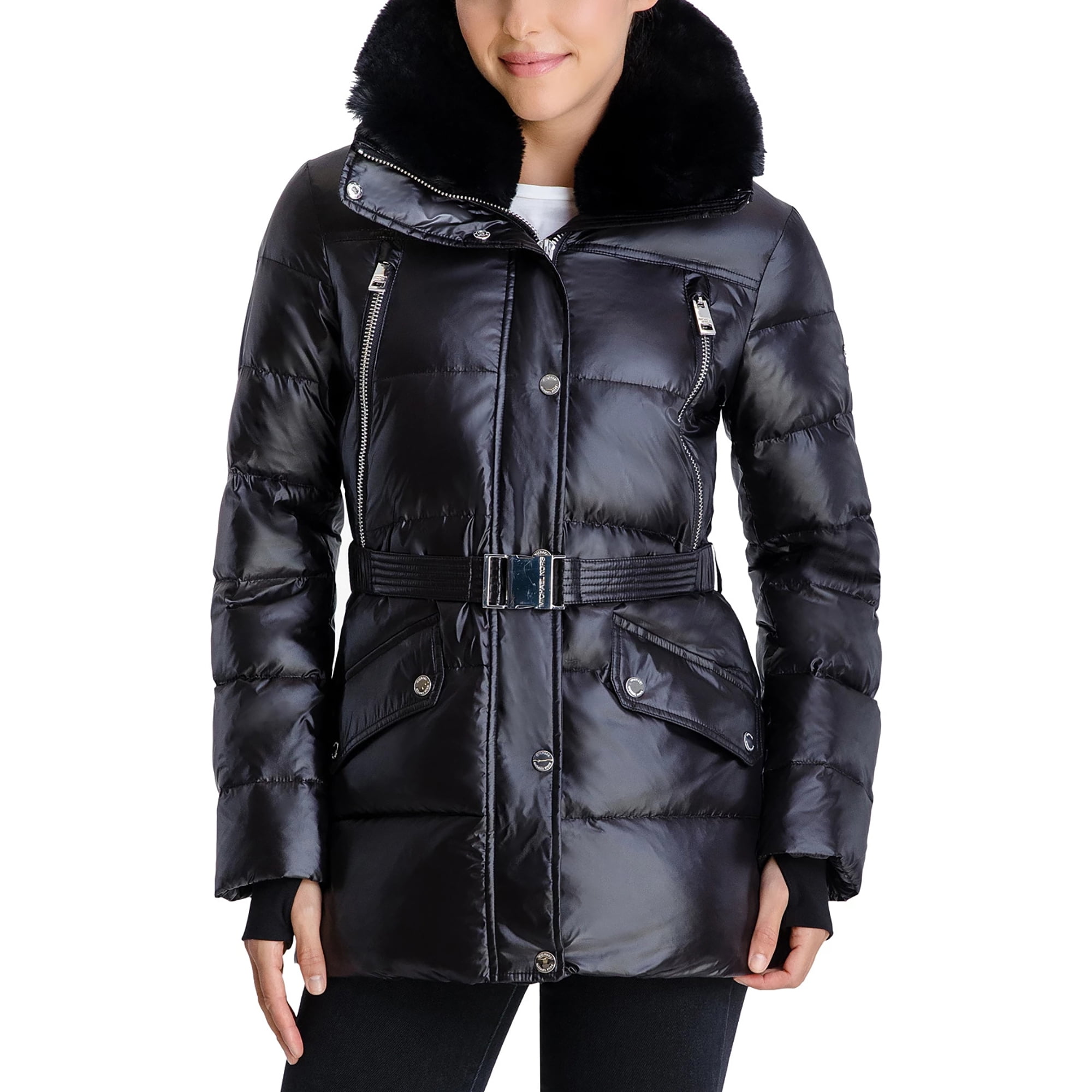 Michael Kors Women's Down Black Coat - Black Shiny Puffer Coat for Women -  Zipper Closure Women Winter Coat - Imported Women Down Coat with Adjustable  Hood, 2 Side Pockets 