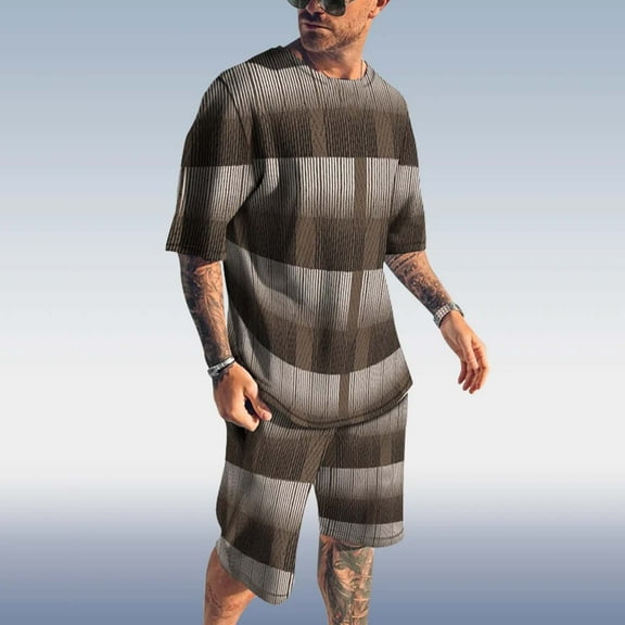 Vedolay Mens' Short Set Men's Short Sleeve Tracksuit Summer Shirt & Shorts Set,Brown S