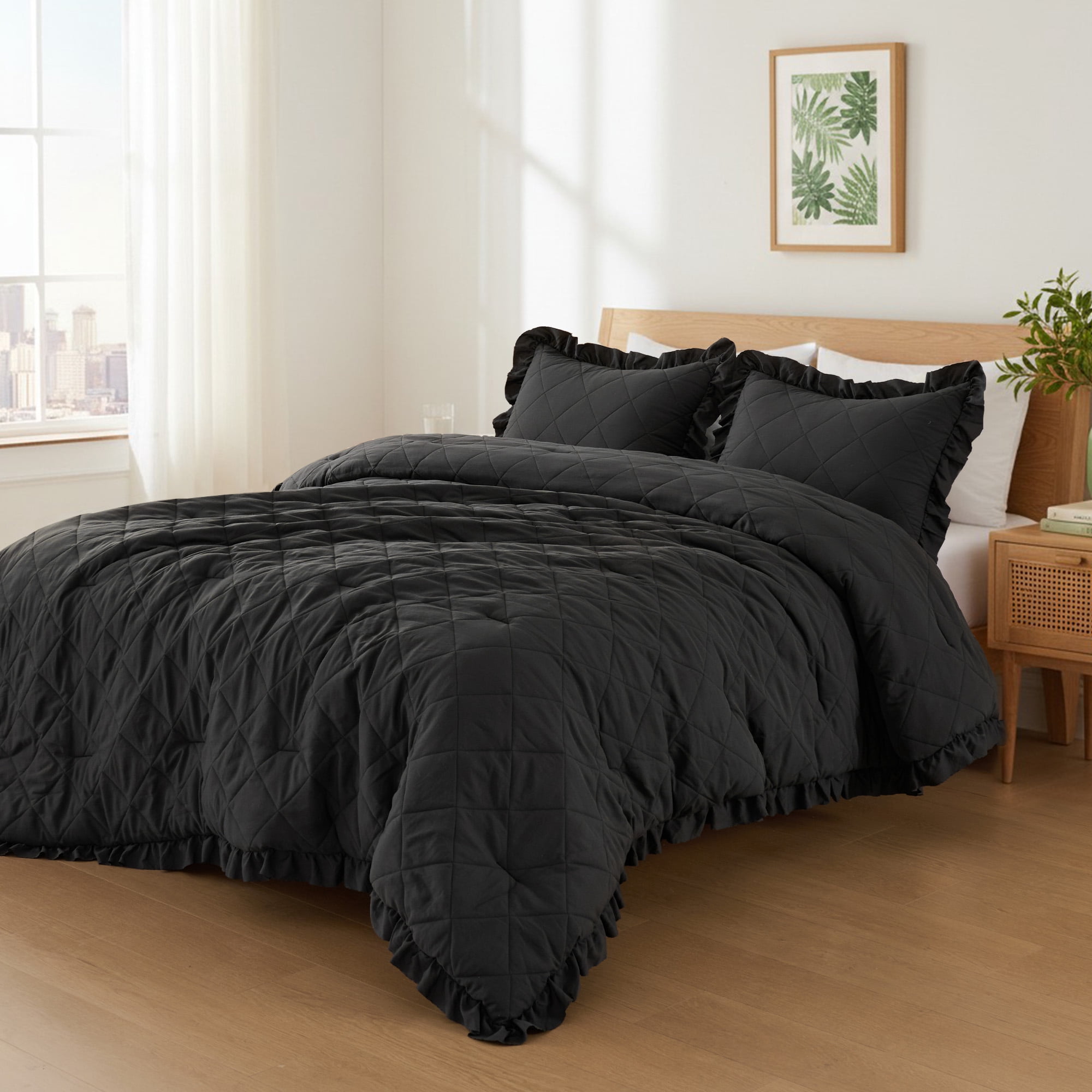 Regency Heights Twin/Twin XL Comforter Set Black, 2 Pieces Quilted Ruffle Comforters Twin/Twin XL Size, Solid Bedding Comforters Sets, Gift for Women