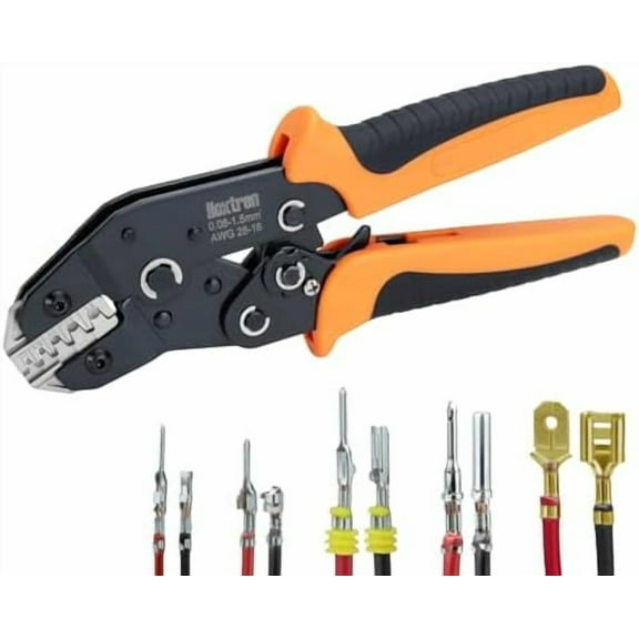5-in-1 Wire Crimping Tool, AWG 28–16 Ratcheting Crimper for Non-Insulated Open Barrel Terminals – Fits Deutsch, Delphi, AMP, JST, Dupont, Molex, TE & More Automotive Wire Connectors