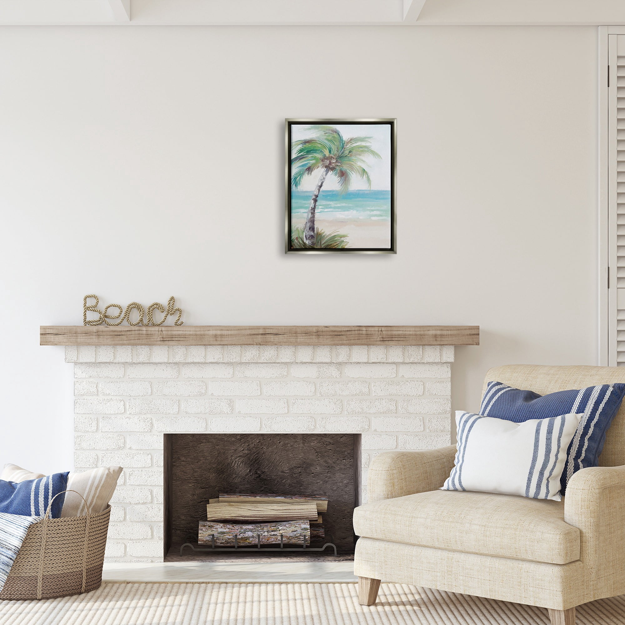 Stupell Industries Soft Palm Tree on Beach Landscape Painting Gray Floater Framed Canvas Art Print Wall Art, 17 x 21