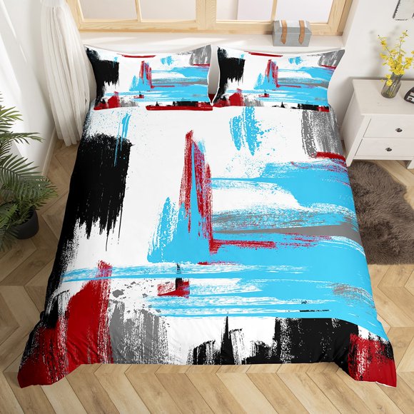 YST Housse de Couette Taille Simple Bleu Ciel Rouge Noir Gris, Ensemble de Literie Aquarelle, Housse de Couette Dégradé Ombré Peinture à l'Huile, Ensemble de Lit Coups de Pinceau Abstraits, Sans Couette,sans Couette