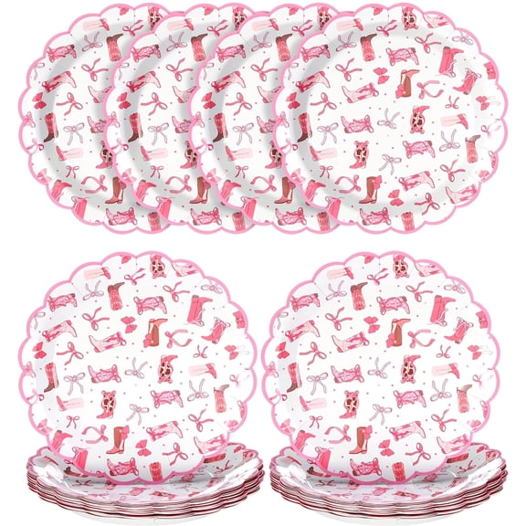 100Pcs Western Theme Paper Plates 9 Inch, Pink Bow Boot Disposable Party Tableware, Heavy Duty Food Grade Dinner Plates for Cowgirl Events Gatherings Easter Celebration Gift