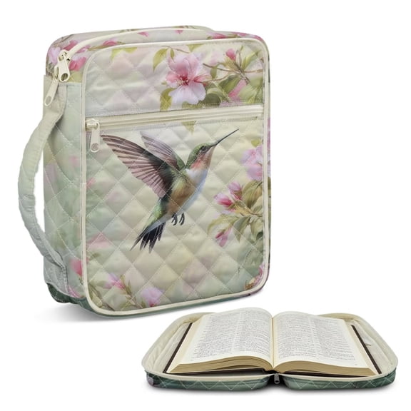 FOR U DESIGNS Hummingbird Cherry Blossom Pattern Bible Cover Case with Handle Quilted Protective Church Organizer Holder Bag Christian Bible Accessories for Bible Study/Daily Use