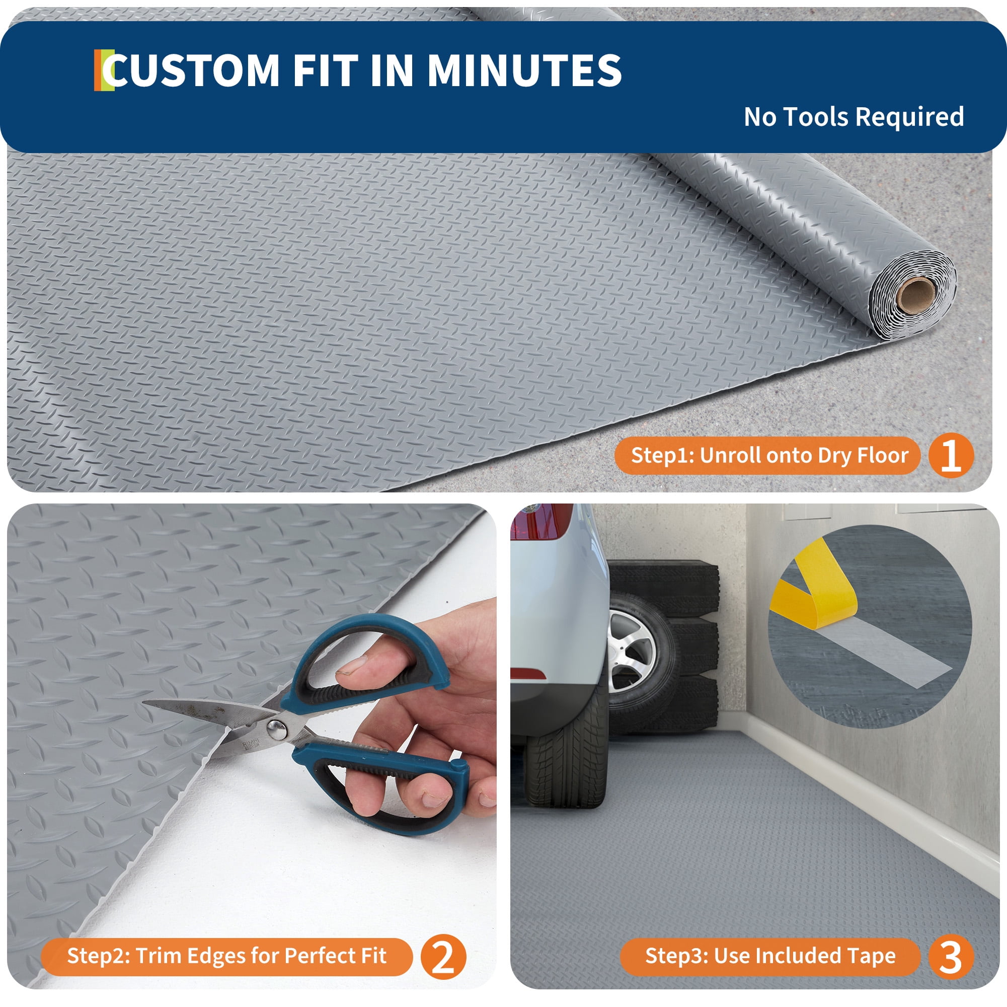 Heavy-Duty Non-Slip Garage Floor Mat for Cars, SUVs, Trucks, Gym, Workshop – 2.8mm Thick Diamond Plate PVC Rubber Roll – Durable Garage Floor Covering – 8x20 FT, Gray
