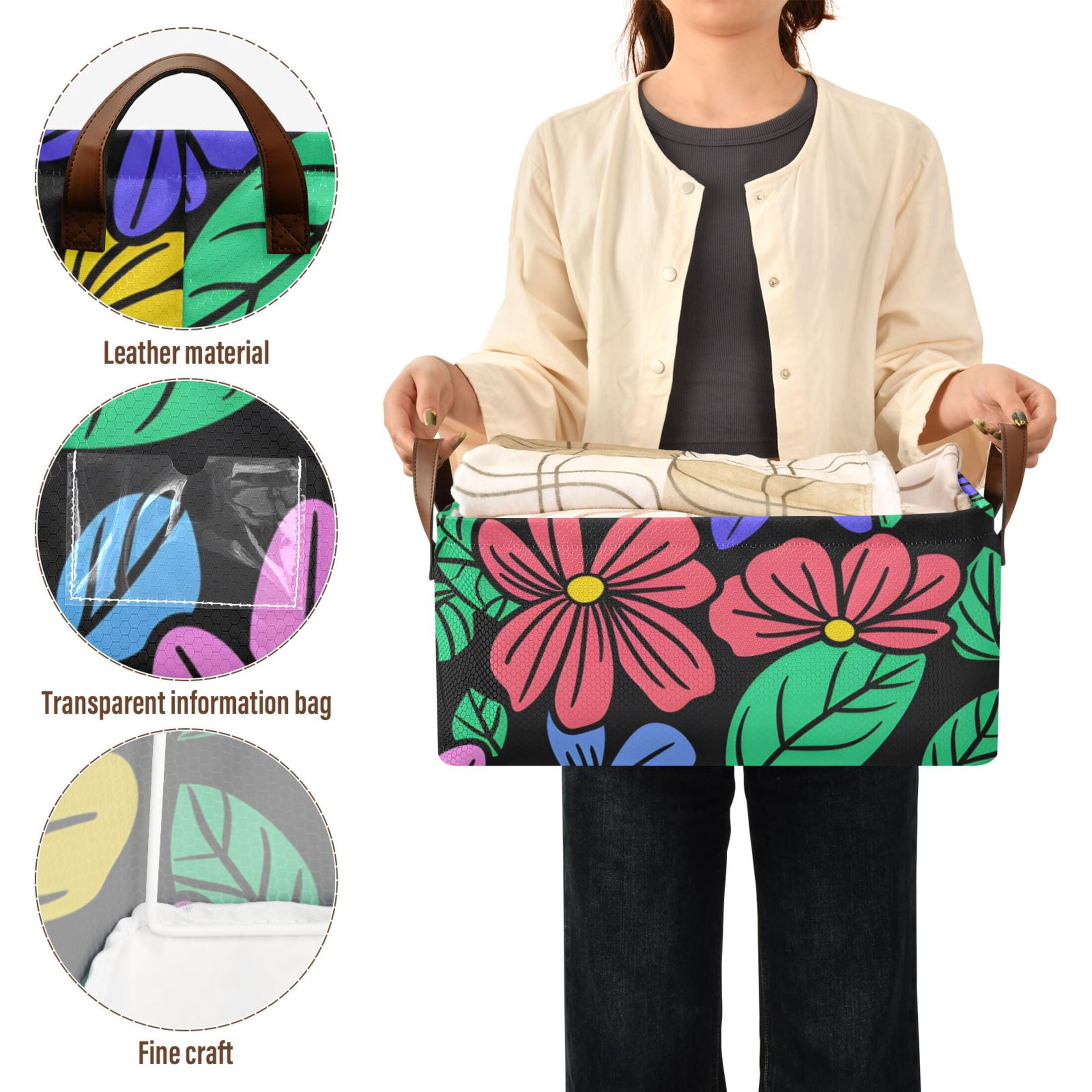 Flowers and Leaves Black Storage Bins with Handles Foldable Storage Baskets for Shelves Organizer Cloth Baskets