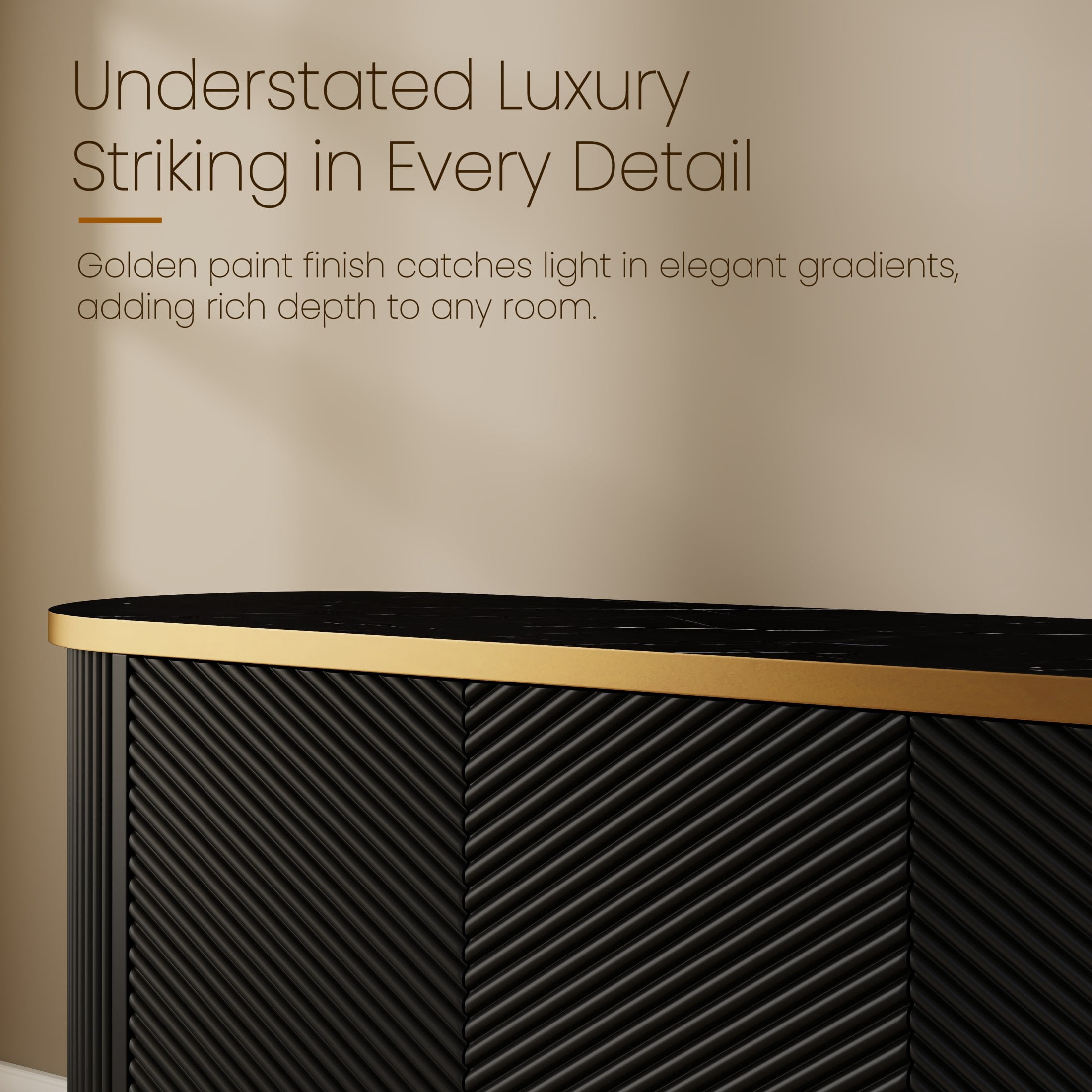 Noble House Diagonal Fluted Sideboard Cabinet with Faux Travertine Top & Gold Trim, Buffet Credenza TV Stand, Black