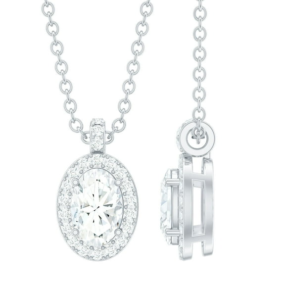 Rosec Jewels Oval Shape Moissanite Pendant Necklace with Halo for Women (D-VS1 Grade), 925 Sterling Silver