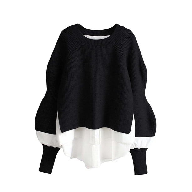 Gibobby SuéTer De Invierno Para Mujer Camisa de mujer suéter de suéter de manga de moda de imitación de dos piezas prendas de punto elegantes y versátiles(Blanco,Talla única)