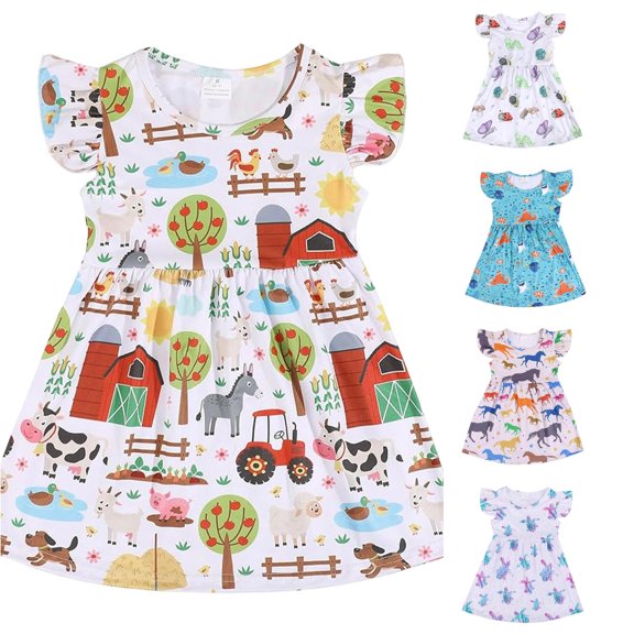 WhouRiu Girls Summer Cartoon Graphic Dresses Sleeveless Flutter Sleeve Crew Neck Dress Kids Comfortable Cute Party Sundress,8-9 Years