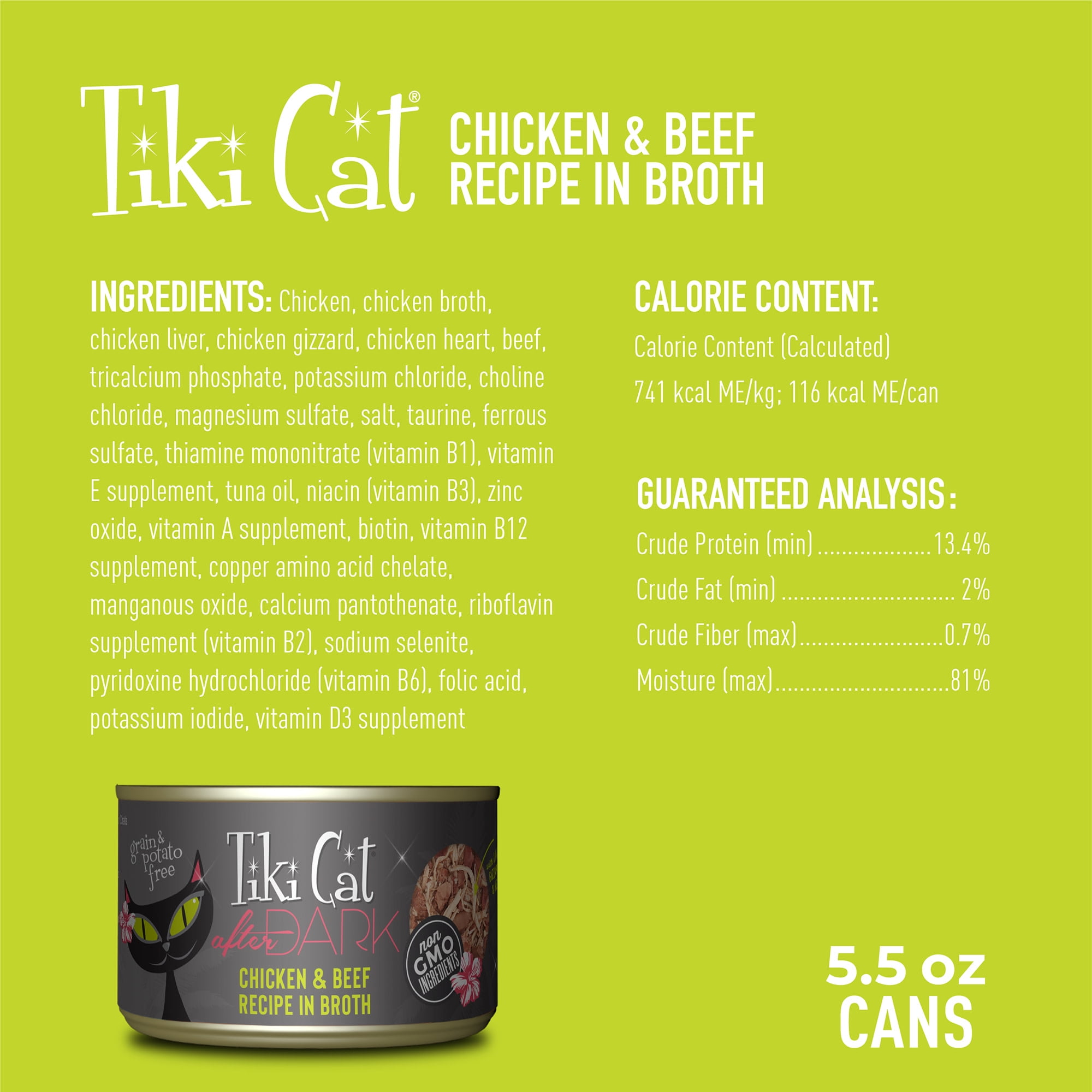 (6 pack) Tiki Cat After Dark Whole Foods Wet Cat Food, Chicken & Beef, 5.5 oz. Can