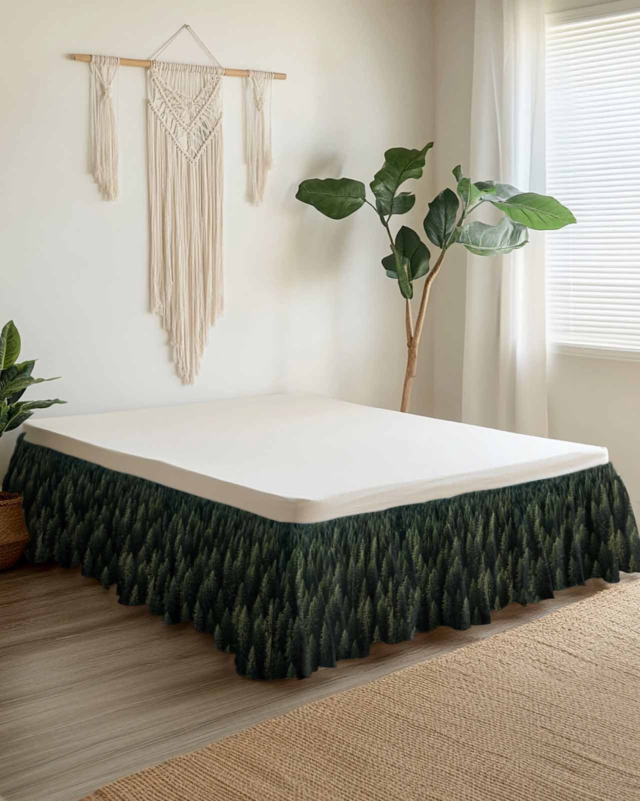 Dark Green Forest Wrap Around Bed Skirts for King Bed 16" Drop,Bed Skirt with Adjustable Elastic Belt Dust Ruffle Bed Valance for Bedroom Hotel Luxury Pine Trees Modern Mysterious Art Bed Frame Cover