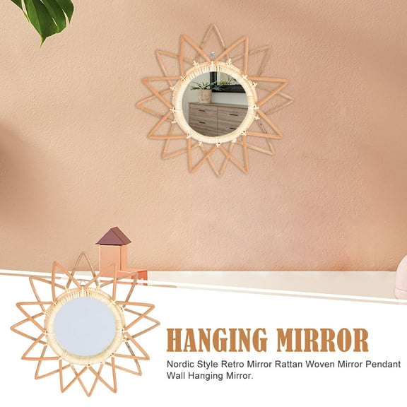 USHOBE Vintage Mirrors for Wall Light Yellow Rattan Glass Home Decoration 1Pcs 12.2x12.2in