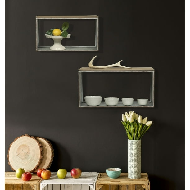 Rustic Galvanized Metal and Wood Wall Shelf, Set of 2