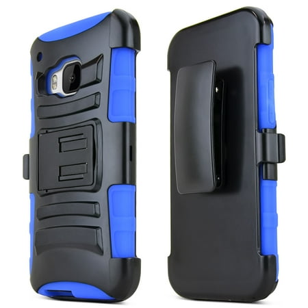 HTC One M9 Case, [Blue / Black] Heavy Duty Dual Layer Hybrid Holster Case with Kickstand and Locking Belt Swivel