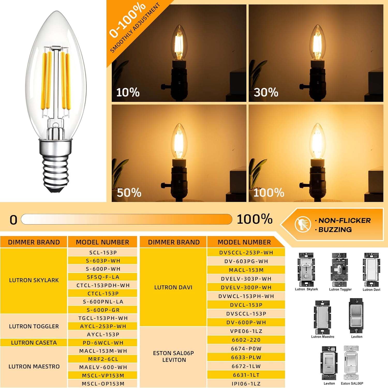 C35 Candelabra LED Light Bulb, E12 Base, 6W, 2700K Warm White, Dimmable, 10 Pack