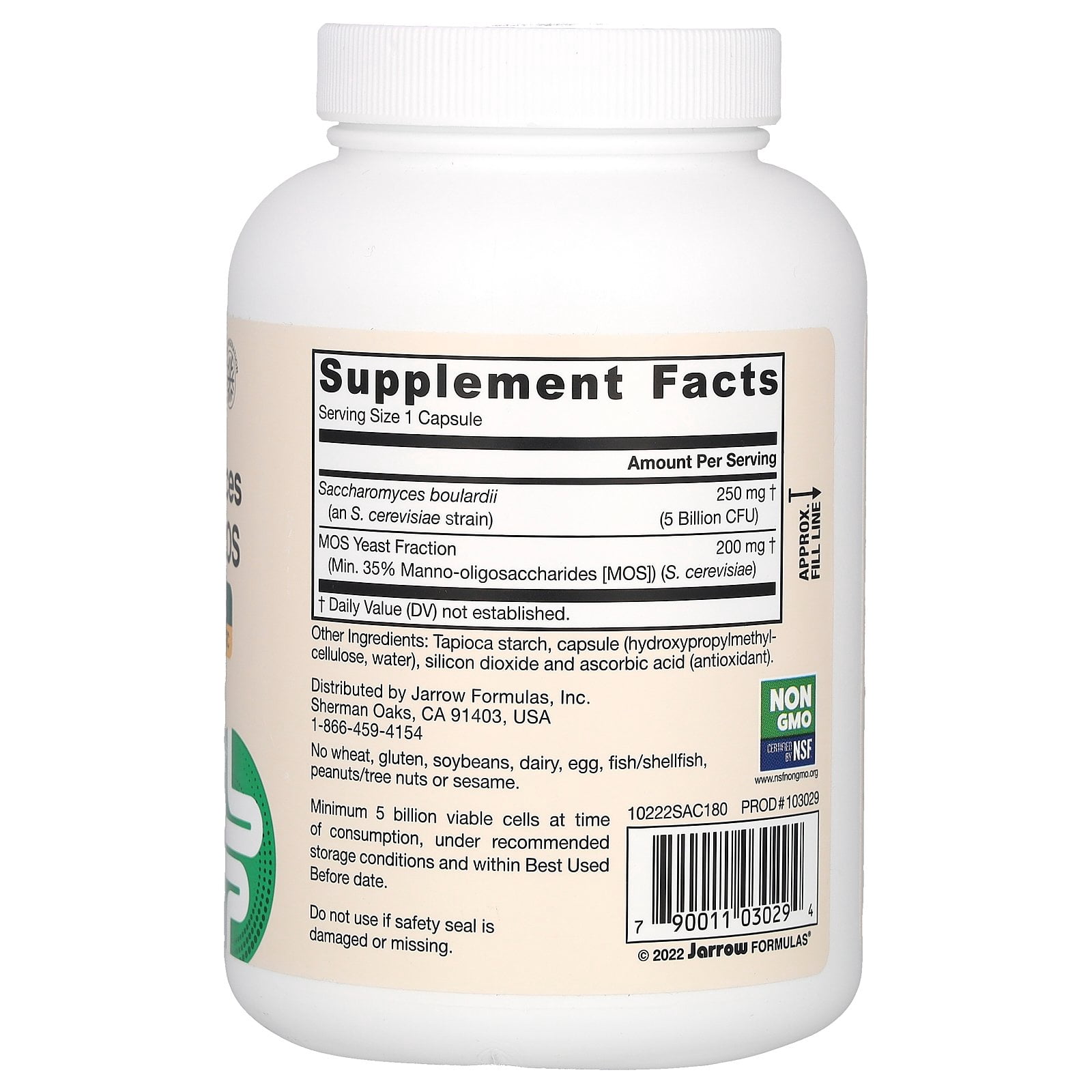 Jarrow Formulas Saccharomyces Boulardii + MOS Probiotics for Digestive Health and Intestinal Tract Support - 5 Billion CFU Per Serving - 180 Delayed Release Caps - Probiotic + Prebiotic - 180 Servings