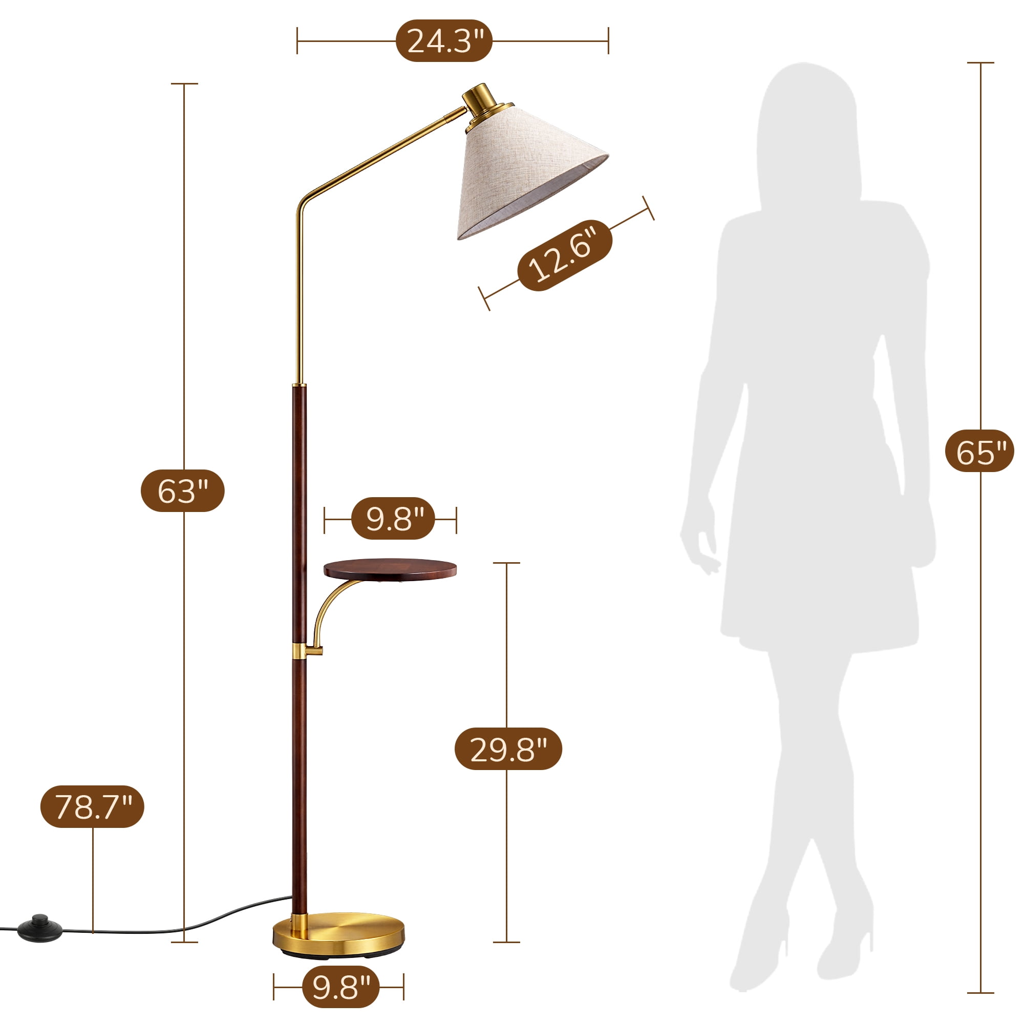 EDISHINE 63inch Vintage Floor Lamps with Table Tray for Living Room, Mid-Century Home Decor Lighting, Adjustable Lampshade