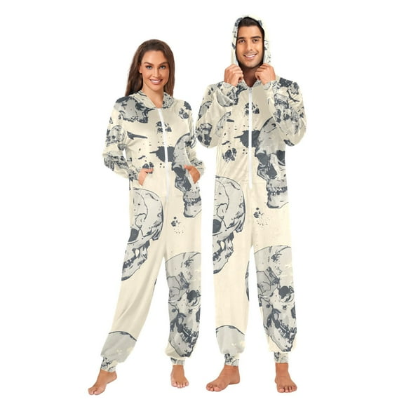 Skulls Skeleton Adult Onesie Pajamas Slim Fit Christmas One Piece Suit Pjs for Women and Men Hooded Zipper