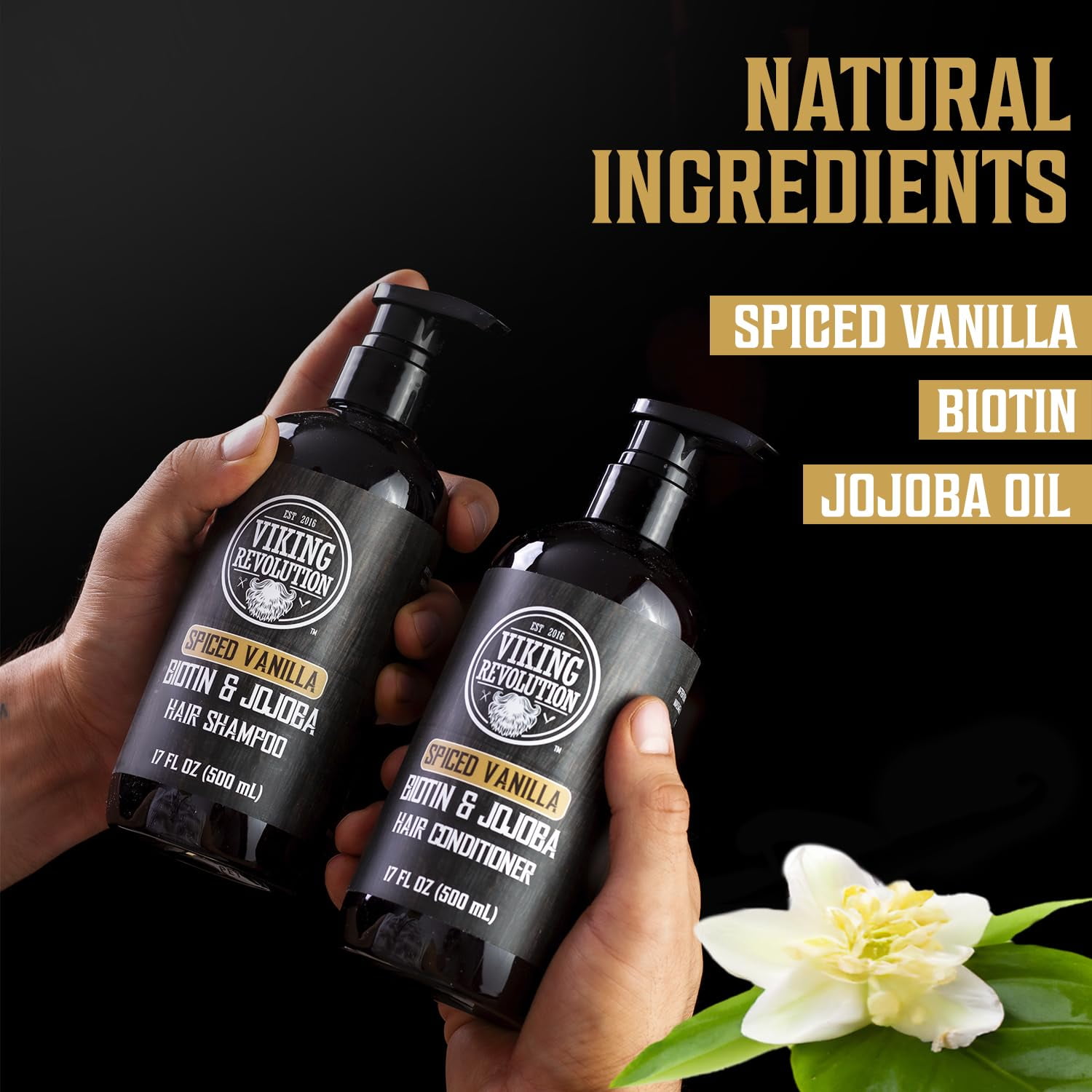 Viking Revolution Spiced Vanilla Mens Shampoo and Conditioner Set with Biotin and Jojoba Oil (17 Oz)