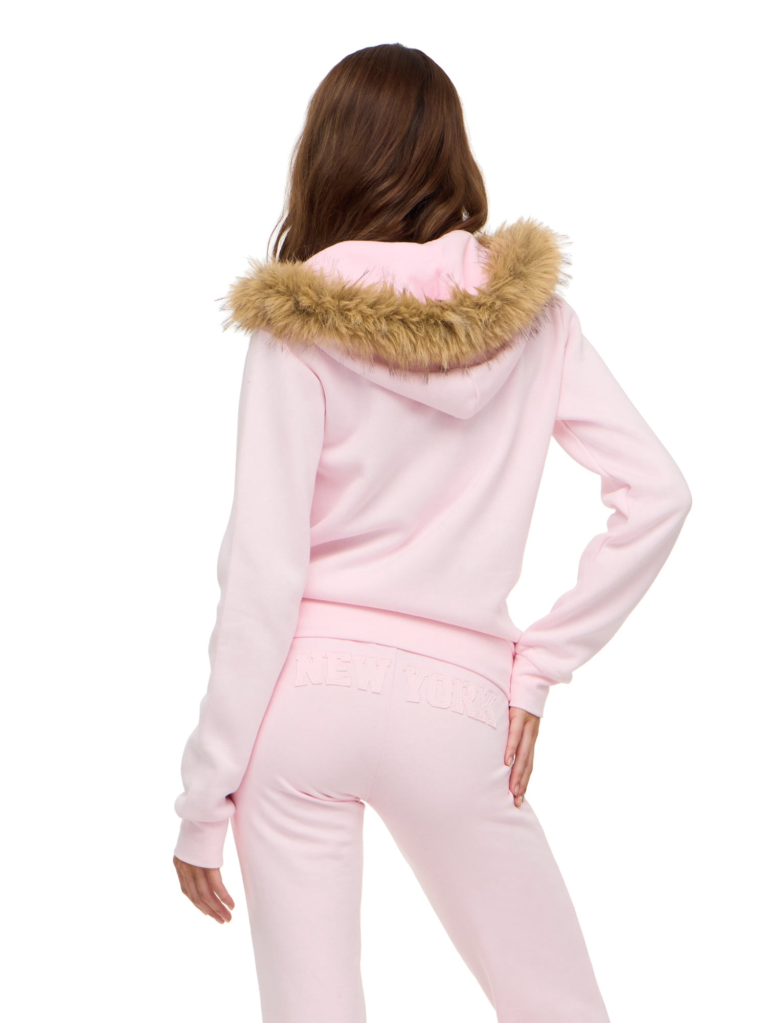 Forever 21 Women's Fitted Fleece Zip Up Hoodie with Fur Hood and Tonal Patch Detail, Soft Casual Sweatshirt Jacket, Pink, XXS-XXL